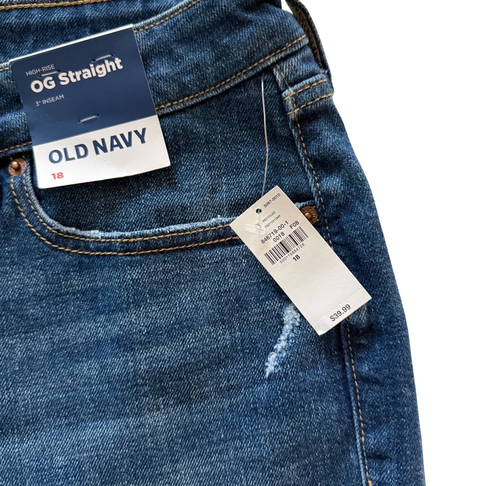 Old Navy High Rise OG Straight Denim Shorts Distressed Frayed Hem Blue Sz 18 NWT - Picture 2 of 6